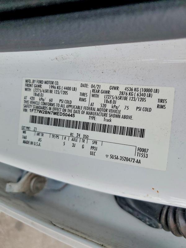 2021 Ford F250 მანქანა იყიდება აუქციონზე, vin: 1FT7W2BN7MED50445, აუქციონის ნომერი: 57659336