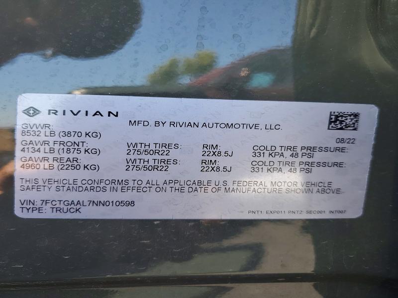 Продаж на аукціоні авто 2022 Rivian R1t, vin: 7FCTGAAL7NN010598, номер лоту: 58307956