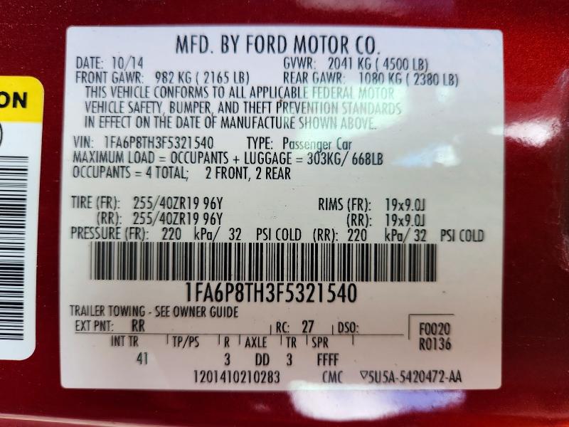 Продажа на аукционе авто 2015 Ford Mustang, vin: 1FA6P8TH3F5321540, номер лота: 55629716