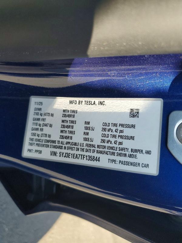 Aukcja sprzedaży 2026 Tesla Model 3, vin: 5YJ3E1EA7TF135844, numer aukcji: 57728286