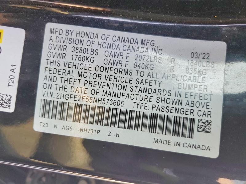 Продажа на аукционе авто 2022 Honda Civic, vin: 2HGFE2F55NH573605, номер лота: 57598456