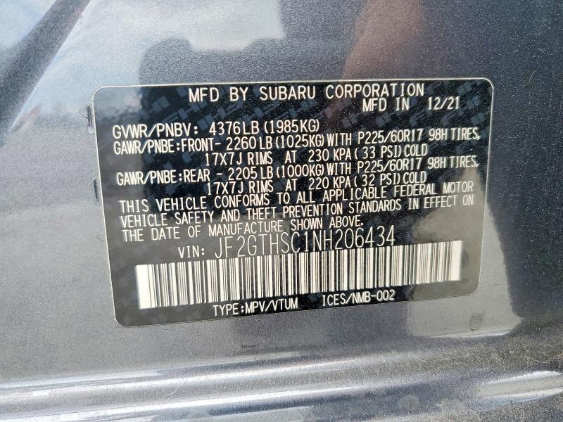 85610905 :رقم المزاد ، JF2GTHSC1NH206434 vin ، 2022 Subaru Crosstrek مزاد بيع