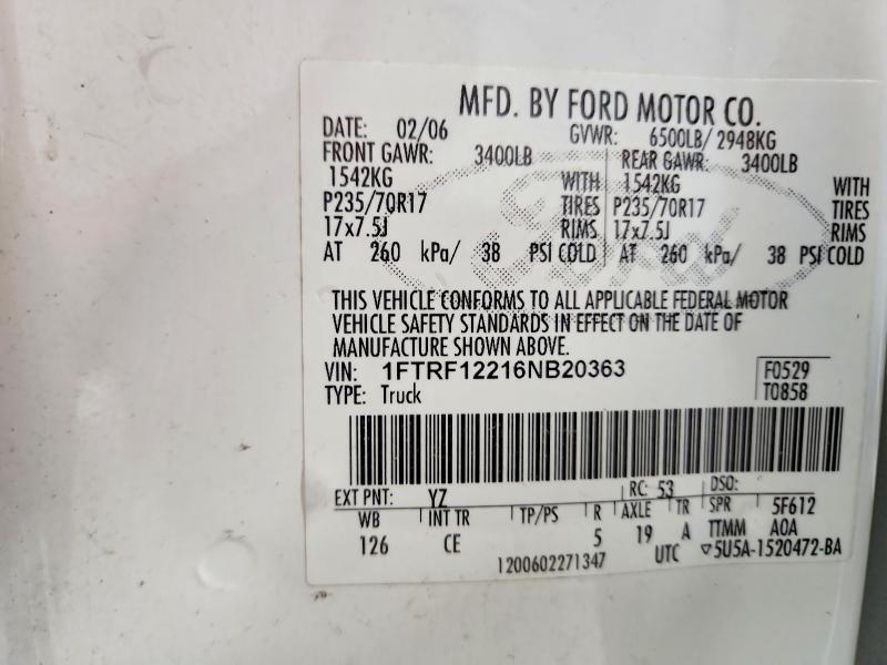 Aukcja sprzedaży 2006 Ford F150, vin: 1FTRF12216NB20363, numer aukcji: 58095186