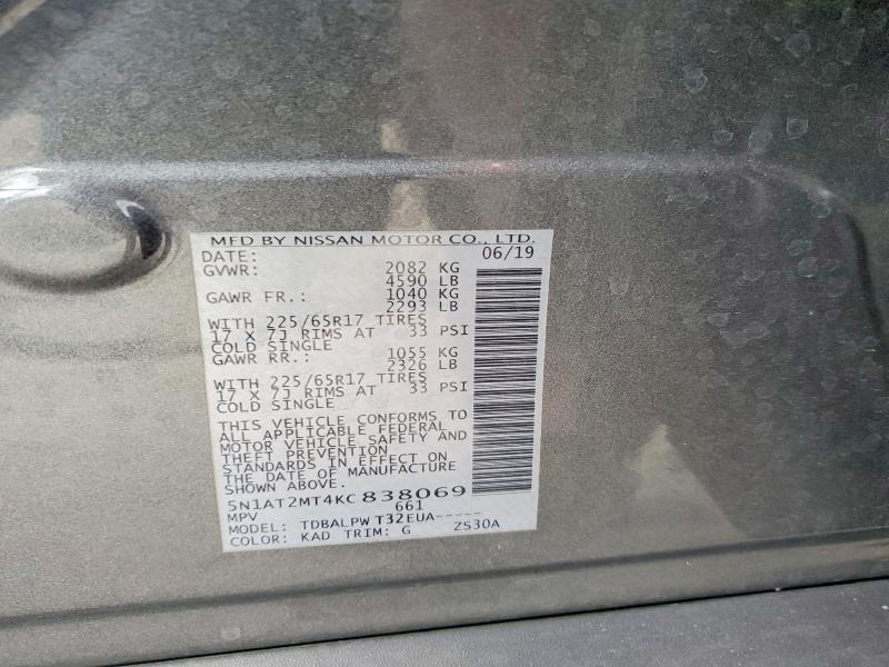 2019 Nissan Rogue მანქანა იყიდება აუქციონზე, vin: 5N1AT2MT4KC838069, აუქციონის ნომერი: 56991386