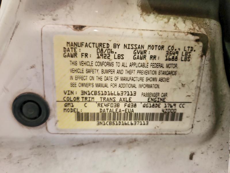 57413476 :رقم المزاد ، 3N1CB51D16L637113 vin ، 2006 Nissan Sentra مزاد بيع