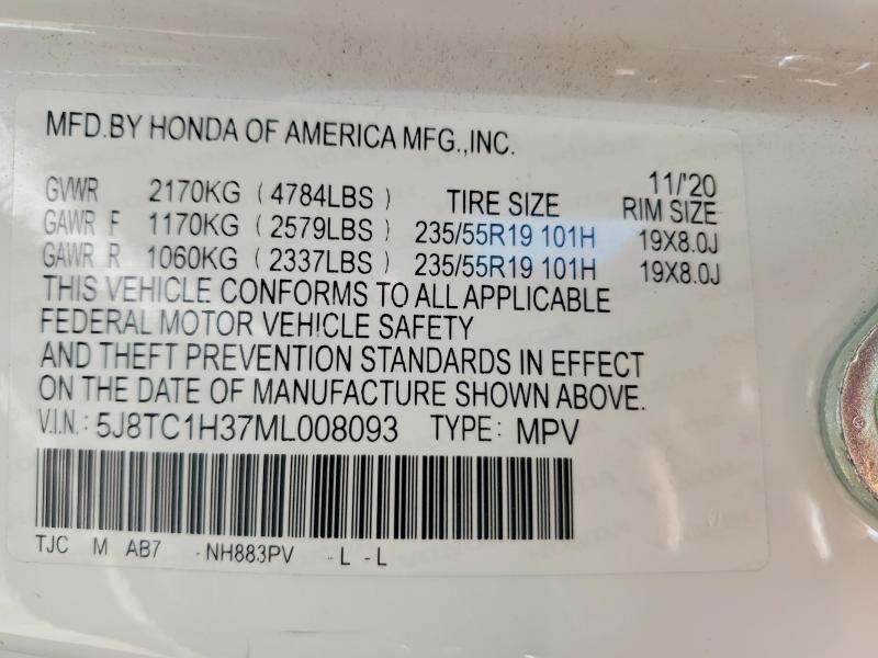 2021 Acura Rdx მანქანა იყიდება აუქციონზე, vin: 5J8TC1H37ML008093, აუქციონის ნომერი: 58728676