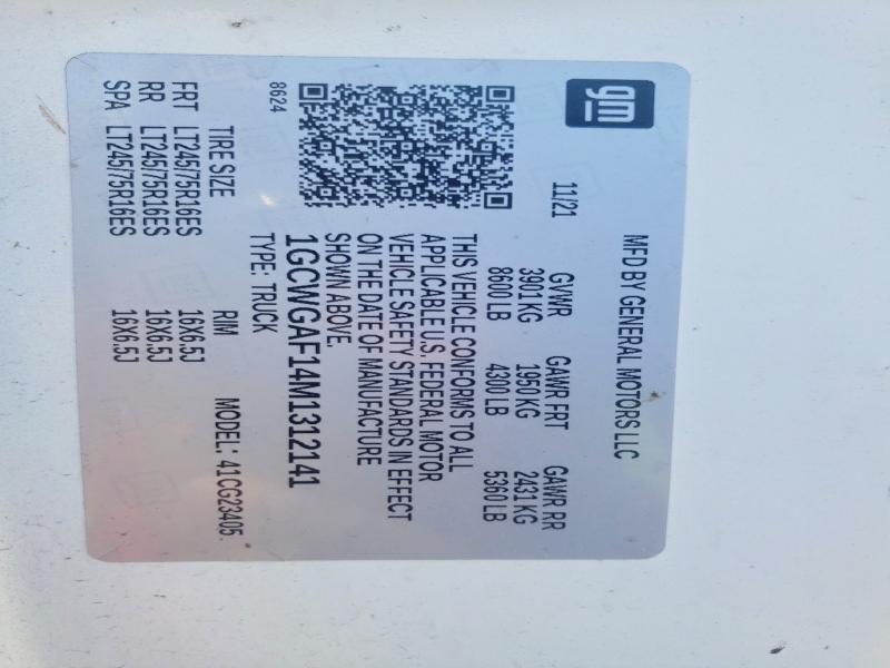 54669636 :رقم المزاد ، 1GCWGAF14M1312141 vin ، 2021 Chevrolet Express G2500 مزاد بيع