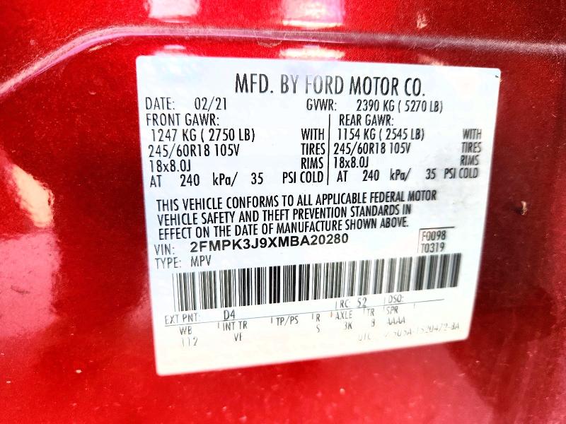 2021 Ford Edge მანქანა იყიდება აუქციონზე, vin: 2FMPK3J9XMBA20280, აუქციონის ნომერი: 57547226