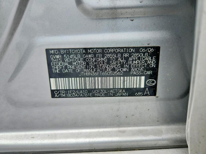 54766256 :رقم المزاد ، JTHBN36F165052562 vin ، 2006 Lexus Ls مزاد بيع