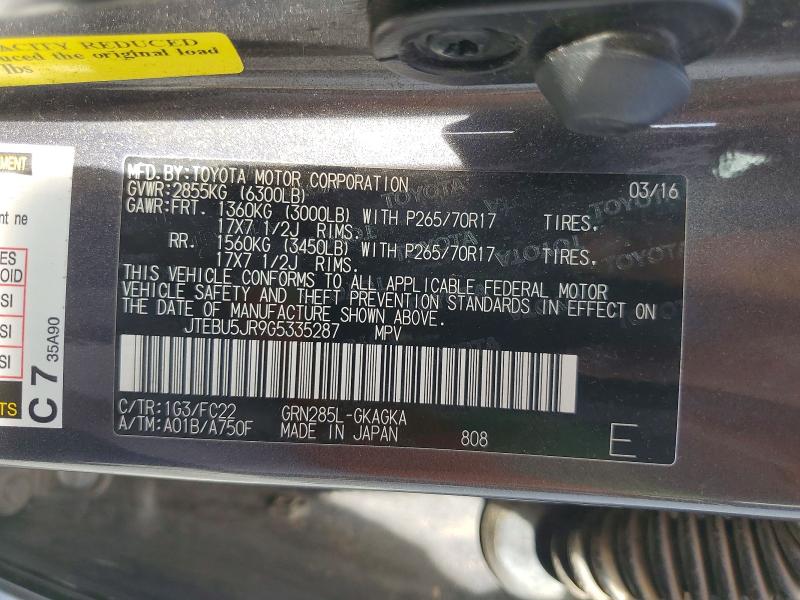 Продаж на аукціоні авто 2016 Toyota 4runner, vin: JTEBU5JR9G5335287, номер лоту: 55506876