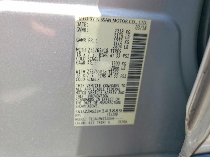 Продаж на аукціоні авто 2018 Nissan Murano, vin: 5N1AZ2MG1JN143889, номер лоту: 56165026