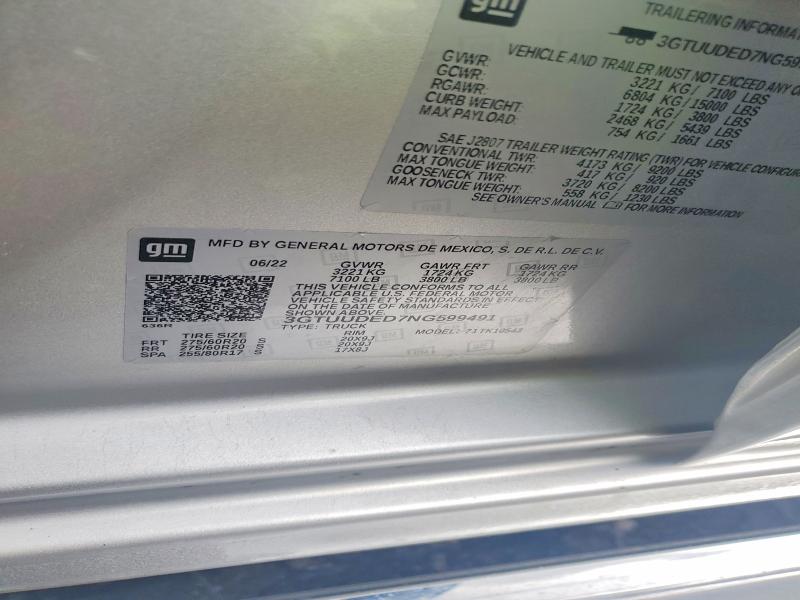 57673906 :رقم المزاد ، 3GTUUDED7NG599491 vin ، 2022 Gmc Sierra مزاد بيع