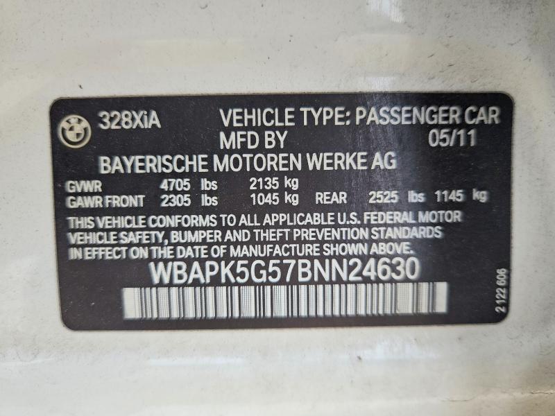 2011 Bmw 328 მანქანა იყიდება აუქციონზე, vin: WBAPK5G57BNN24630, აუქციონის ნომერი: 57684116