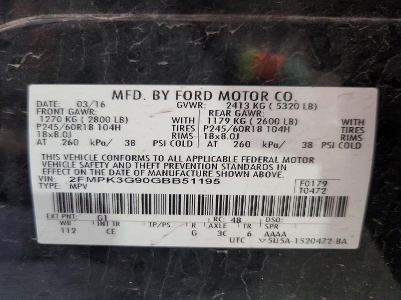 2016 Ford Edge მანქანა იყიდება აუქციონზე, vin: 2FMPK3G90GBB51195, აუქციონის ნომერი: 54390966