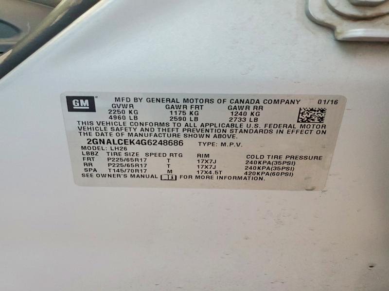 58090506 :رقم المزاد ، 2GNALCEK4G6248686 vin ، 2016 Chevrolet Equinox مزاد بيع