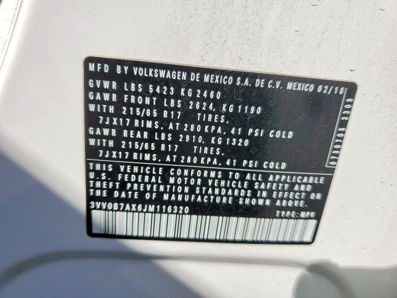 2018 Volkswagen Tiguan მანქანა იყიდება აუქციონზე, vin: 3VV0B7AX6JM116320, აუქციონის ნომერი: 56173546