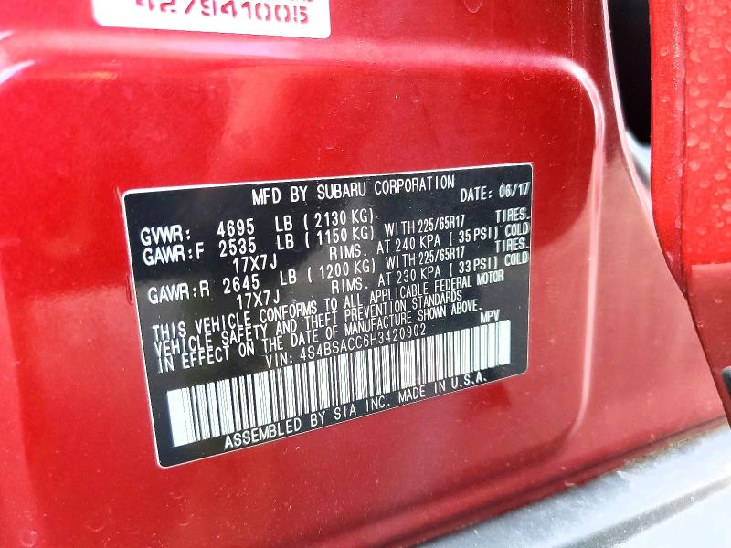 Aukcja sprzedaży 2017 Subaru Outback, vin: 4S4BSACC6H3420902, numer aukcji: 56496996