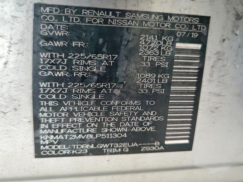 Продажа на аукционе авто 2020 Nissan Rogue, vin: KNMAT2MV8LP511304, номер лота: 58380346