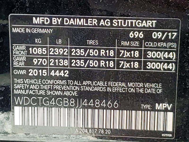 2018 Mercedes-benz Gla მანქანა იყიდება აუქციონზე, vin: WDCTG4GB8JJ448466, აუქციონის ნომერი: 56854416