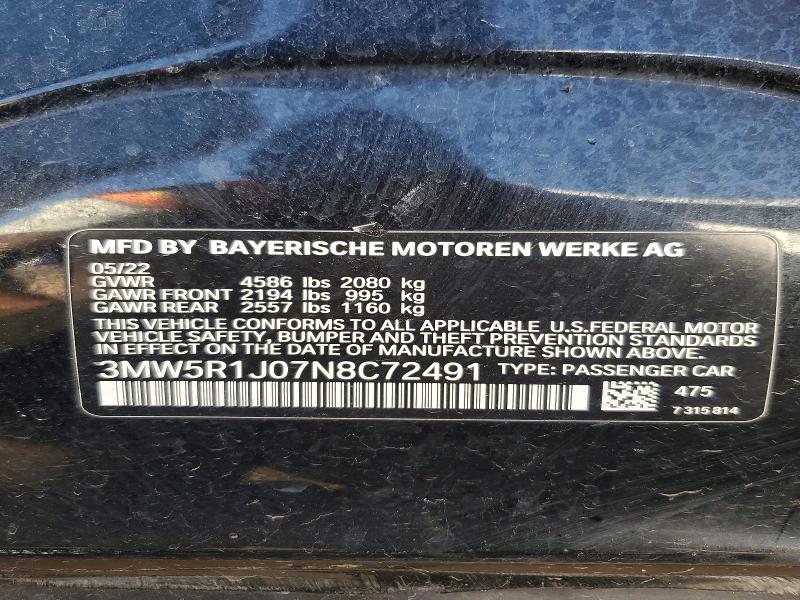 57232986 :رقم المزاد ، 3MW5R1J07N8C72491 vin ، 2022 Bmw 330i مزاد بيع