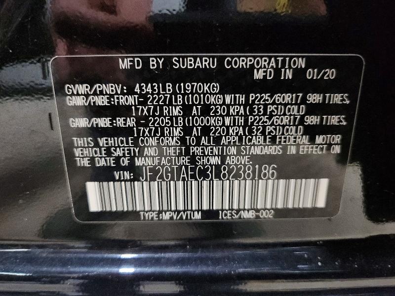 2020 Subaru Crosstrek მანქანა იყიდება აუქციონზე, vin: JF2GTAEC3L8238186, აუქციონის ნომერი: 57878376