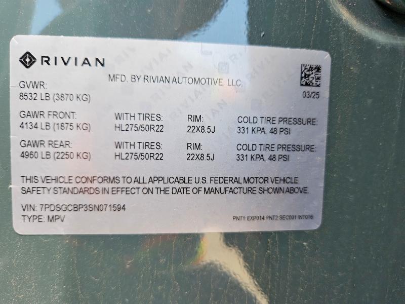 2025 Rivian R1s მანქანა იყიდება აუქციონზე, vin: 7PDSGCBP3SN071594, აუქციონის ნომერი: 55348416