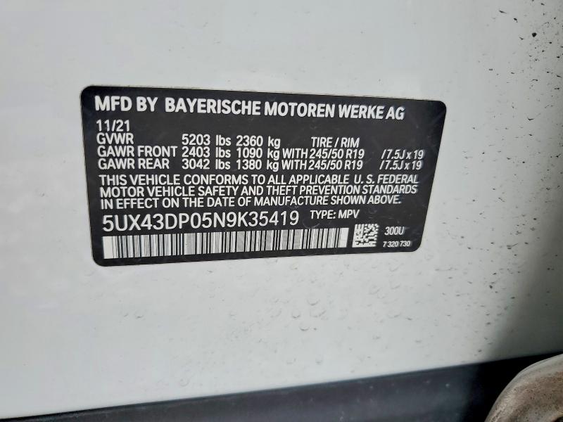 2022 Bmw X3 მანქანა იყიდება აუქციონზე, vin: 5UX43DP05N9K35419, აუქციონის ნომერი: 57583236