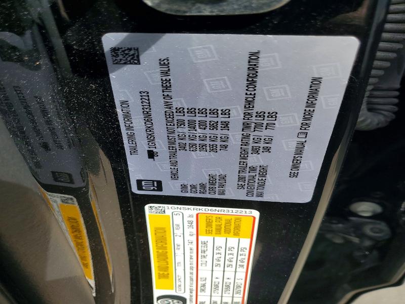 2022 Chevrolet Tahoe მანქანა იყიდება აუქციონზე, vin: 1GNSKRKD6NR312213, აუქციონის ნომერი: 55824686