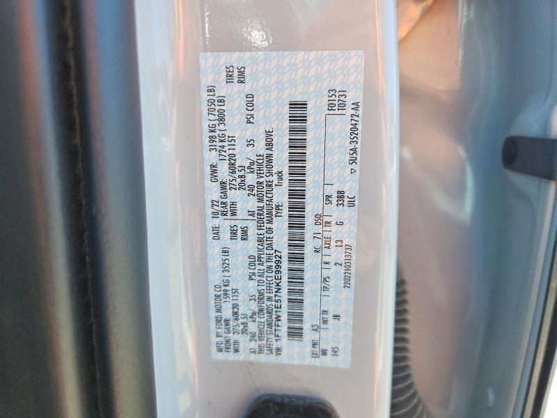 2022 Ford F150 მანქანა იყიდება აუქციონზე, vin: 1FTFW1E57NKE99927, აუქციონის ნომერი: 56253816