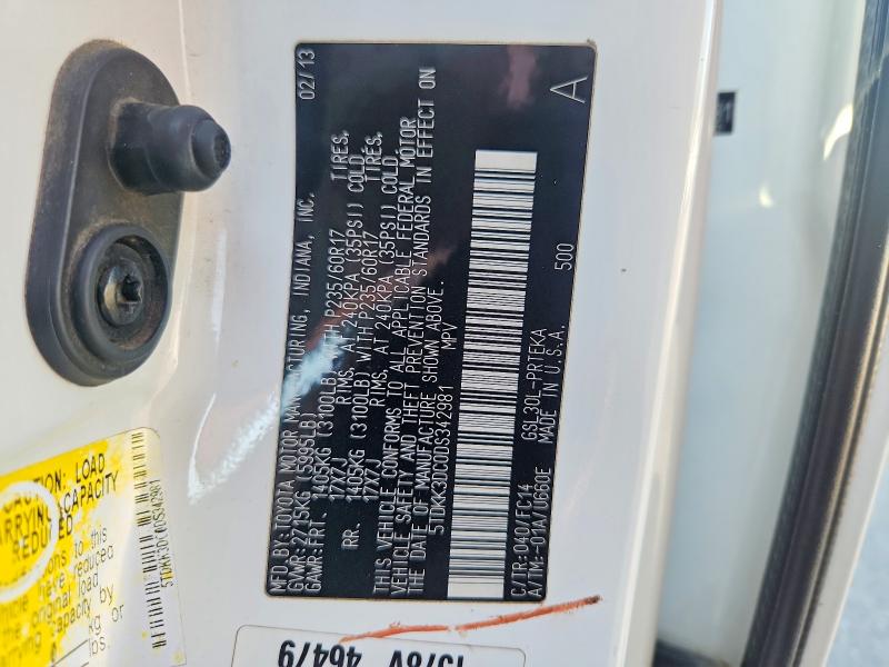 56645686 :رقم المزاد ، 5TDKK3DC0DS342981 vin ، 2013 Toyota Sienna مزاد بيع