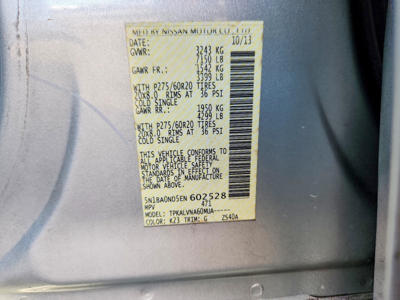 58791816 :رقم المزاد ، 5N1BA0ND5EN602528 vin ، 2014 Nissan Armada مزاد بيع