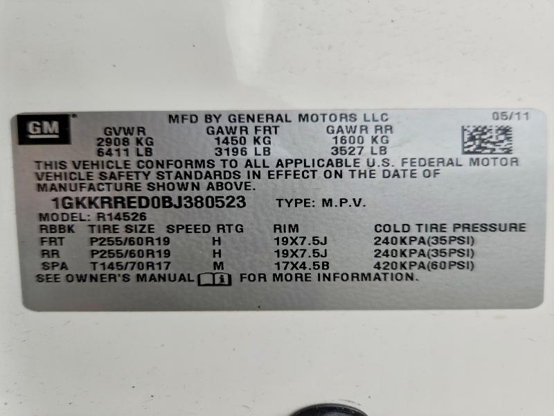 Aukcja sprzedaży 2011 Gmc Acadia, vin: 1GKKRRED0BJ380523, numer aukcji: 59088376