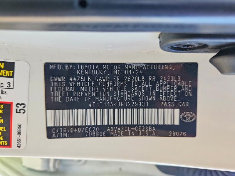 2024 Toyota Camry მანქანა იყიდება აუქციონზე, vin: 4T1T11AK8RU229933, აუქციონის ნომერი: 57957906