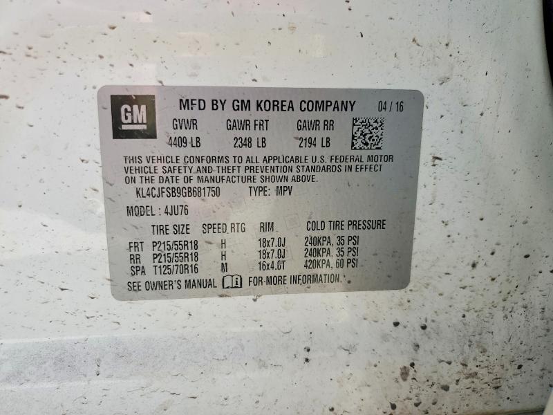 Продаж на аукціоні авто 2016 Buick Encore, vin: KL4CJFSB9GB681750, номер лоту: 58181496
