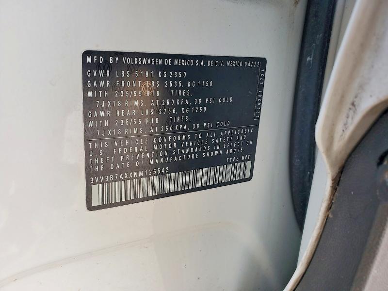 Aukcja sprzedaży 2022 Volkswagen Tiguan, vin: 3VV3B7AXXNM125542, numer aukcji: 56997376