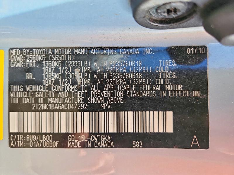 2010 Lexus Rx მანქანა იყიდება აუქციონზე, vin: 2T2BK1BA6AC047292, აუქციონის ნომერი: 56798096