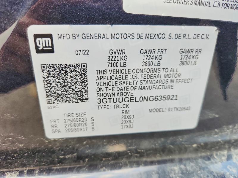 2022 Gmc Sierra მანქანა იყიდება აუქციონზე, vin: 3GTUUGEL0NG635921, აუქციონის ნომერი: 58697316