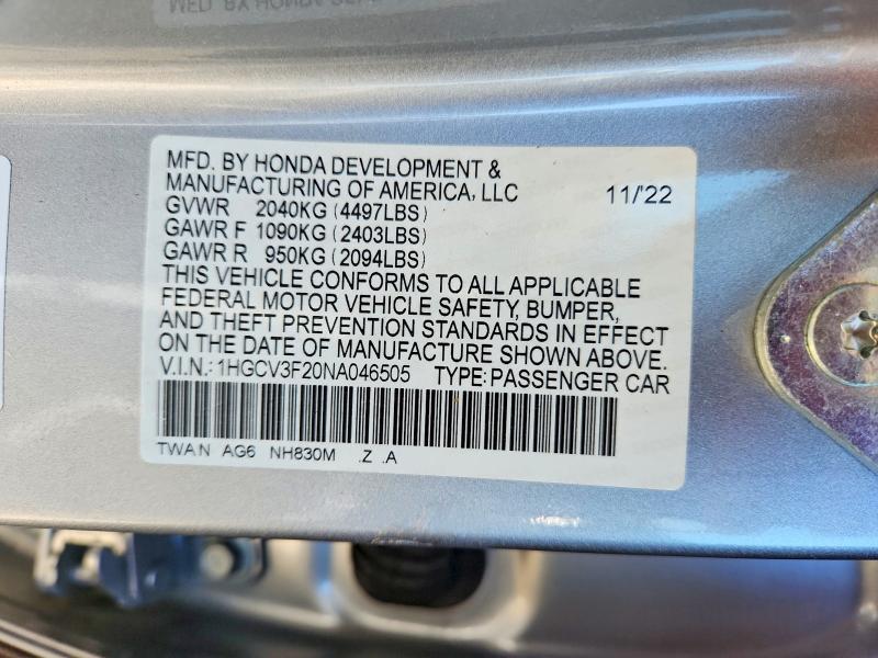 Aukcja sprzedaży 2022 Honda Accord, vin: 1HGCV3F20NA046505, numer aukcji: 54642856