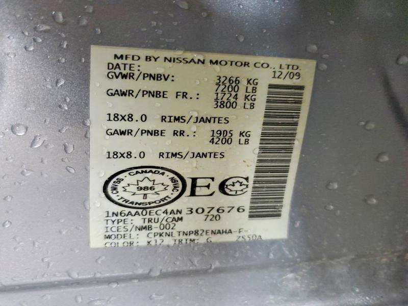 56186866 :رقم المزاد ، 1N6AA0EC4AN307676 vin ، 2010 Nissan Titan مزاد بيع