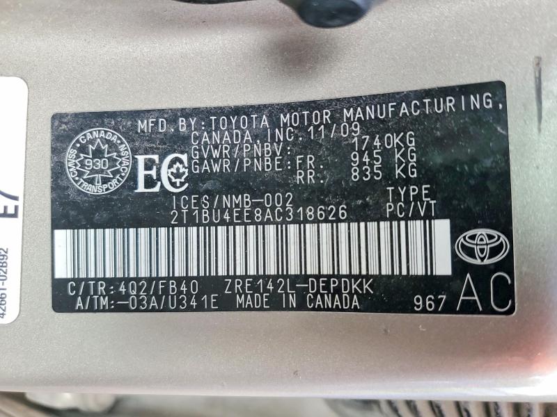 57343376 :رقم المزاد ، 2T1BU4EE8AC318626 vin ، 2010 Toyota Corolla مزاد بيع
