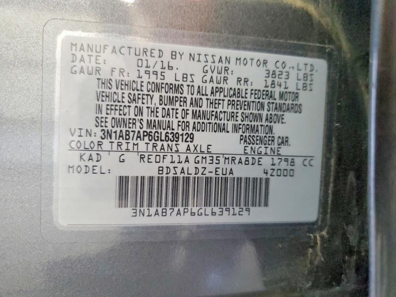 Aukcja sprzedaży 2016 Nissan Sentra, vin: 3N1AB7AP6GL639129, numer aukcji: 58318746