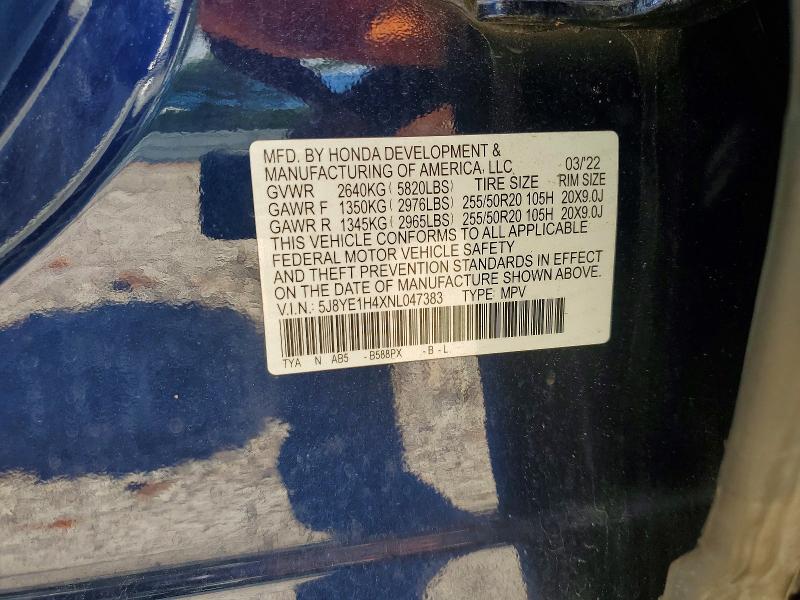 2022 Acura Mdx მანქანა იყიდება აუქციონზე, vin: 5J8YE1H4XNL047383, აუქციონის ნომერი: 58131976