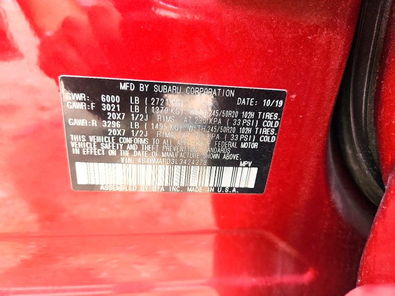 2020 Subaru Ascent მანქანა იყიდება აუქციონზე, vin: 4S4WMAPD3L3424378, აუქციონის ნომერი: 58972316
