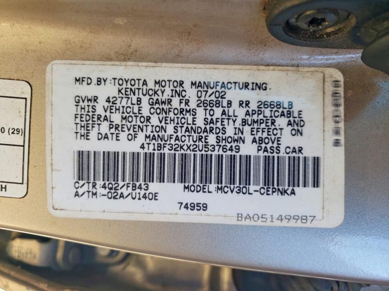 Продажа на аукционе авто 2002 Toyota Camry, vin: 4T1BF32KX2U537649, номер лота: 57308996