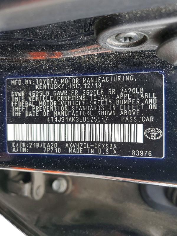 2020 Toyota Camry მანქანა იყიდება აუქციონზე, vin: 4T1J31AK3LU525547, აუქციონის ნომერი: 54992346