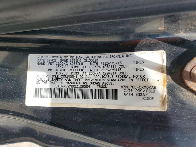 Aukcja sprzedaży 2002 Toyota Tacoma, vin: 5TEWN72N92Z126504, numer aukcji: 58699766