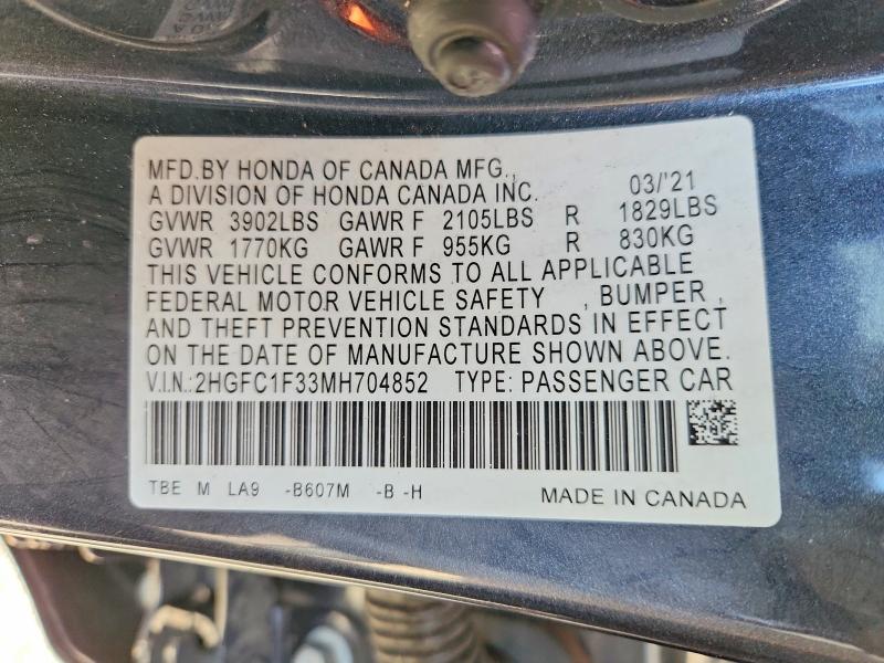 Продаж на аукціоні авто 2021 Honda Civic, vin: 2HGFC1F33MH704852, номер лоту: 55745706