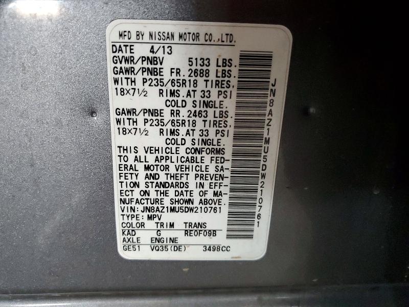 2013 Nissan Murano მანქანა იყიდება აუქციონზე, vin: JN8AZ1MU5DW210761, აუქციონის ნომერი: 59284126