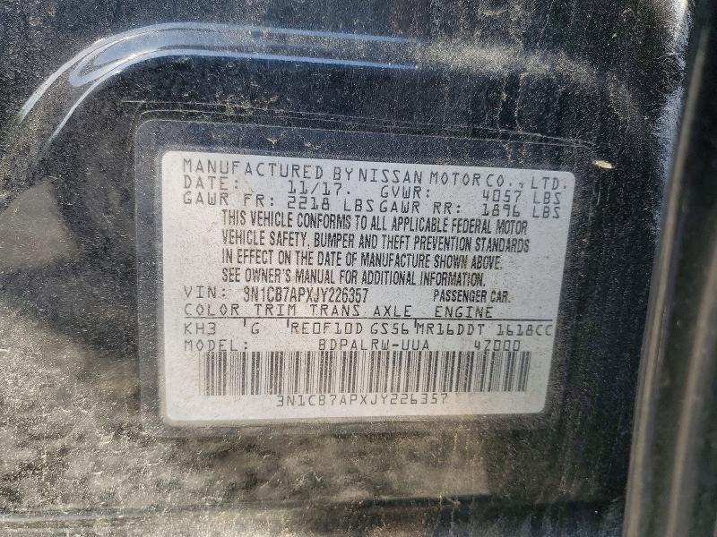 2018 Nissan Sentra მანქანა იყიდება აუქციონზე, vin: 3N1CB7APXJY226357, აუქციონის ნომერი: 56284766