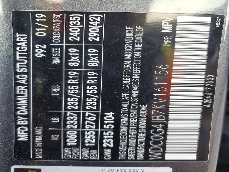 58764456 :رقم المزاد ، WDC0G4JB7KV161156 vin ، 2019 Mercedes-benz Glc مزاد بيع
